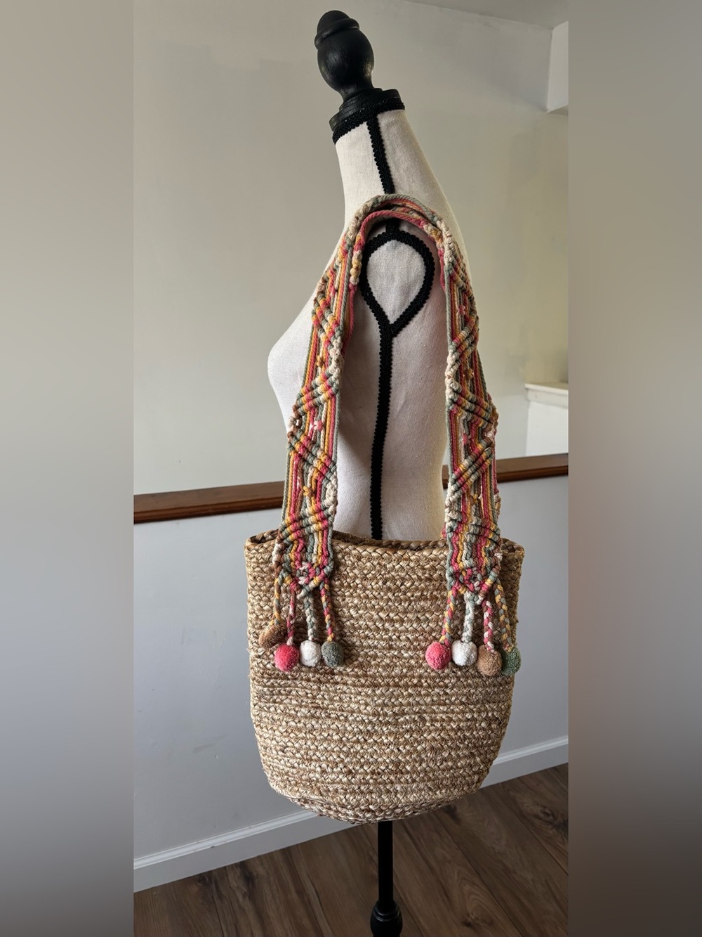 America & Beyond Woven Shoulder Straw Pom Pom Bag